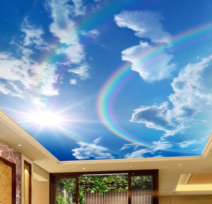 Blue Sky White Clouds Rainbow Ceiling Wallpaper Wall Mural Home Decor