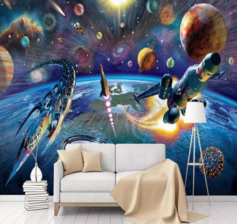 Cartoon Space Spaceship Children Room Nursery Wall Mural Wallpaper