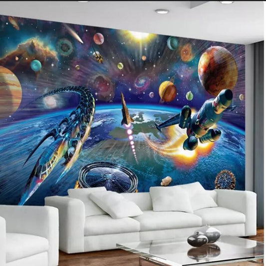 Cartoon Space Spaceship Children Room Nursery Wall Mural Wallpaper