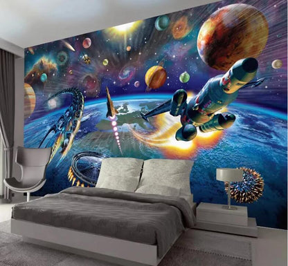 Cartoon Space Spaceship Children Room Nursery Wall Mural Wallpaper