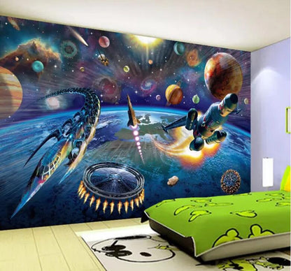 Cartoon Space Spaceship Children Room Nursery Wall Mural Wallpaper