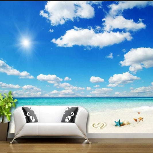 Blue Sky And White Clouds Seaside Sandy Beach Landscape Wall Mural Wallpaper Home Decor