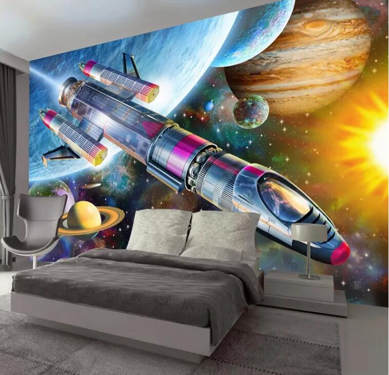 Cartoon Space Universe Rocket Children Room Nursery Wall Mural Wallpaper