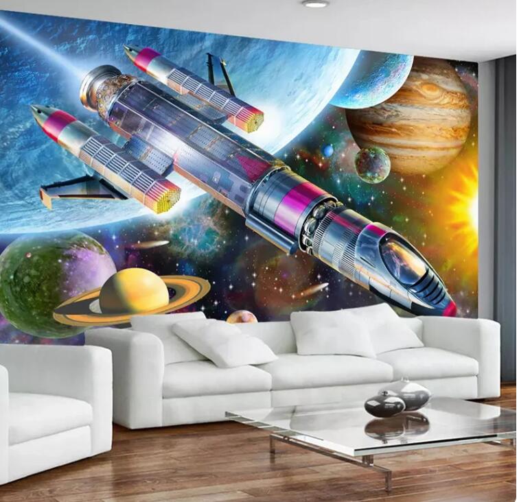 Cartoon Space Universe Rocket Children Room Nursery Wall Mural Wallpaper