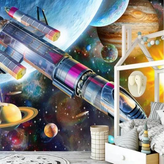 Cartoon Space Universe Rocket Children Room Nursery Wall Mural Wallpaper