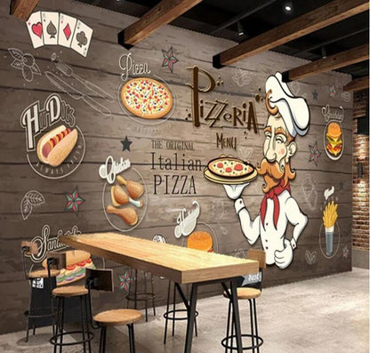 Wood Grain Food Pizza Restaurant Cafe Wallpaper Wall Mural
