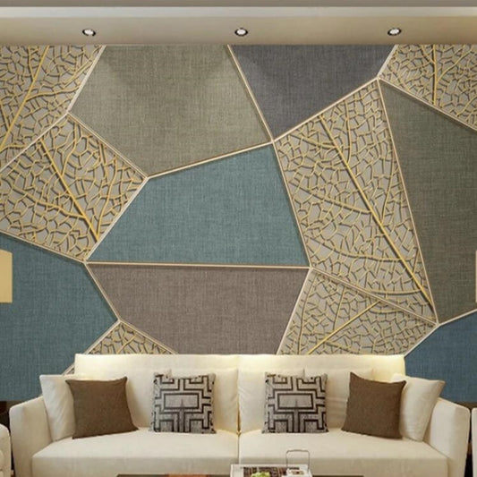 Modern Geometric Leaves Texture Golden Embossed Lines Wall Mural Wallpaper Home Decor