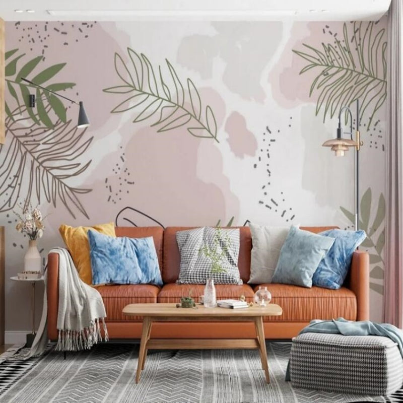 Tropical Plant Leaves Pink Background Wallpaper Wall Mural Home Decor