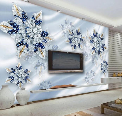 3D Luxury Blue Jewelry Flowers Wallpaper Wall Mural Home Decor