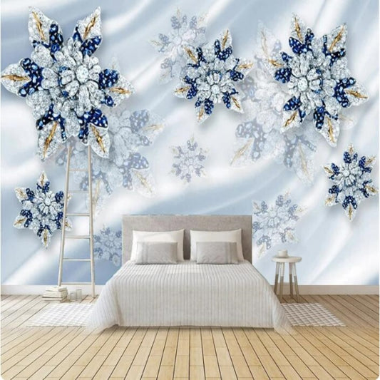 3D Luxury Blue Jewelry Flowers Wallpaper Wall Mural Home Decor