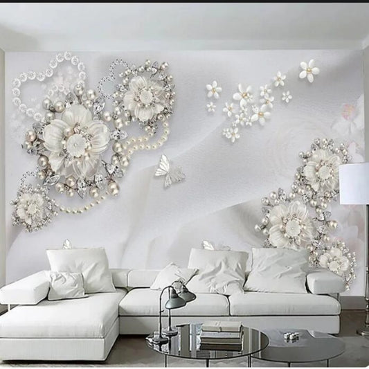 Luxury 3D Relief Pearl Jewelry Flower Wallpaper Wall Mural Home Decor