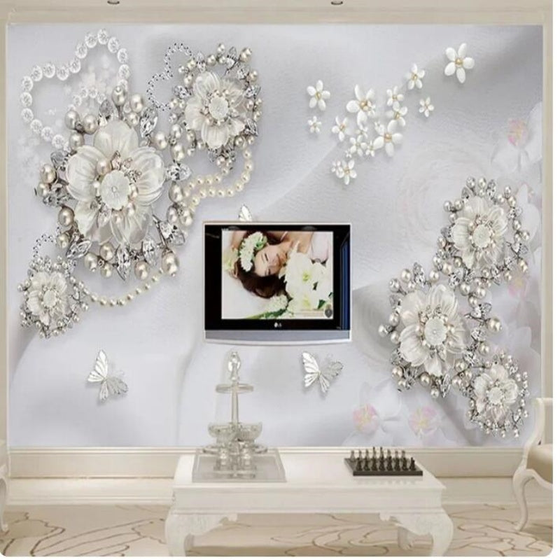 Luxury 3D Relief Pearl Jewelry Flower Wallpaper Wall Mural Home Decor