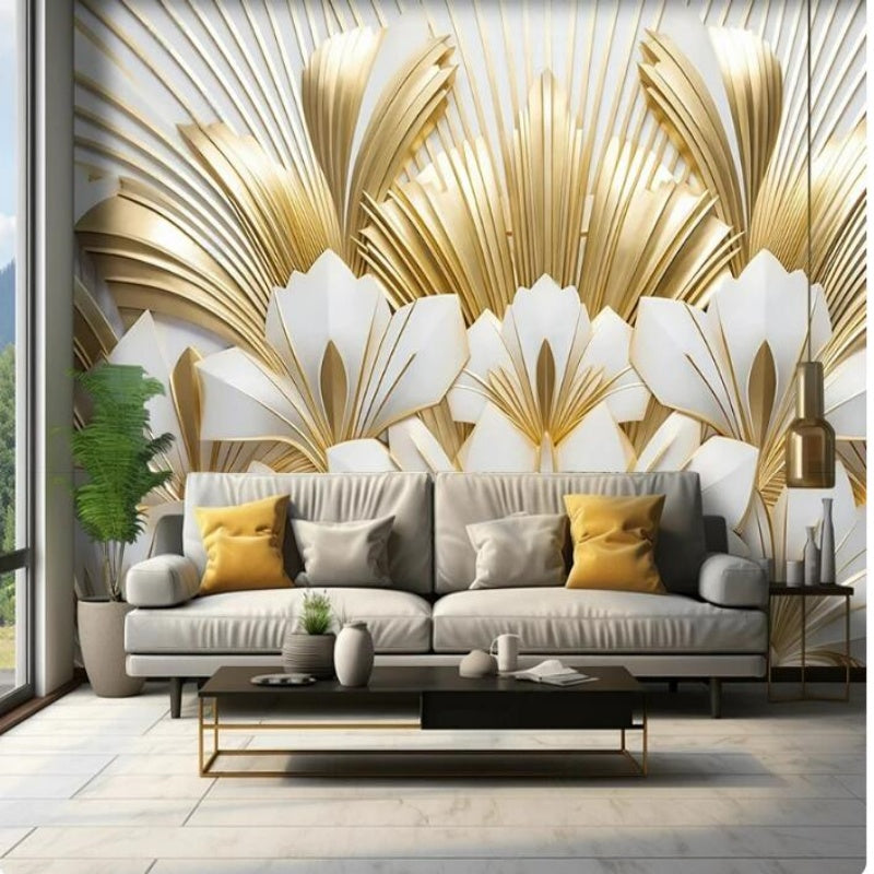 Golden Leaves Golden Branches Jade Wallpaper Wall Mural Home Decor