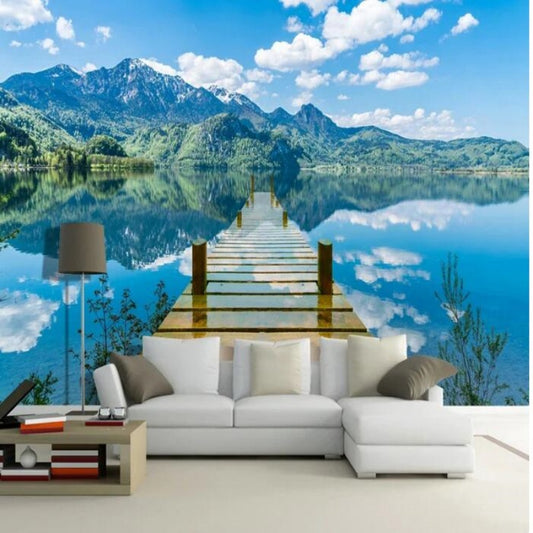 Blue Sky Wooden Bridge Lake Landscape Wallpaper Wall Mural Home Decor