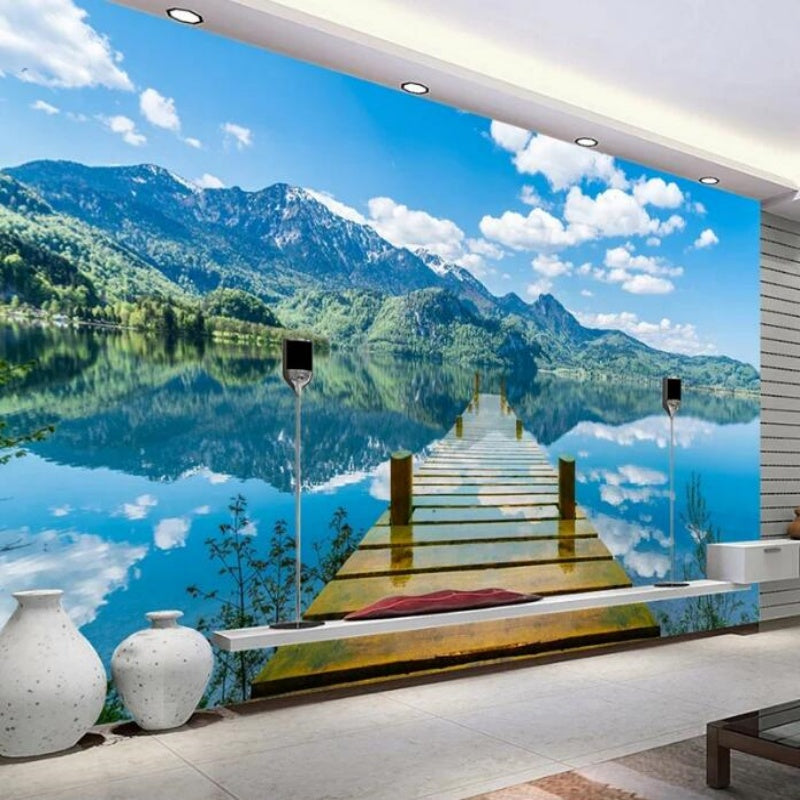 Blue Sky Wooden Bridge Lake Landscape Wallpaper Wall Mural Home Decor