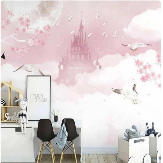 Pink Clouds Cute Castle Flowers Nursery Wallpaper Wall Mural Home Decor