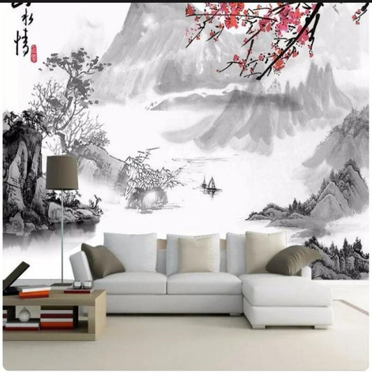 Artistic Ink Landscape Marble Mountains Plum Wallpaper Wall Mural Home Decor