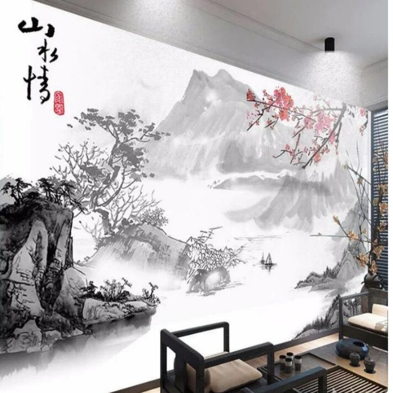 Artistic Ink Landscape Marble Mountains Plum Wallpaper Wall Mural Home Decor