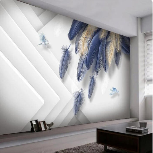 Golden Blue Feather Geometric Background  Wallpaper Wall Mural Home Decor