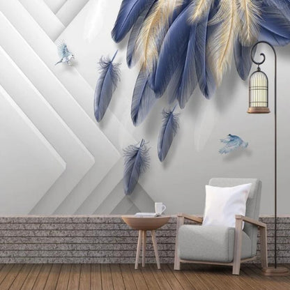 Golden Blue Feather Geometric Background  Wallpaper Wall Mural Home Decor