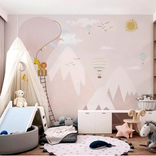 Pink Hot Air Balloons Clouds Nursery Wallpaper Wall Mural