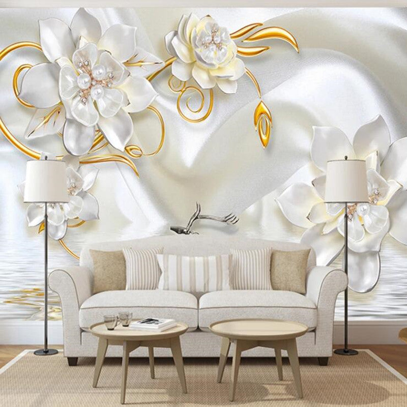 3D Jewelry Flowers Luxury Relief Floral Wallpaper Wall Mural