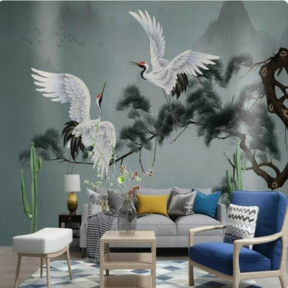 Chinoiserie Pines And Red-crowned Cranes Wallpaper Wall Mural Home Decor