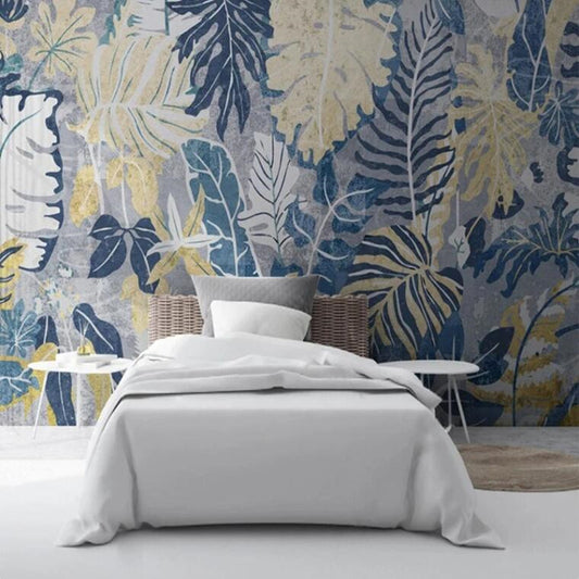 Retro Shabby Blue Gold Leaves Wallpaper Wall Mural