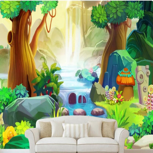 Cartoon Big Tree Forest River Kids Babies' Room Nursery Wallpaper Wall Mural Home Decor