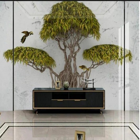 Large Tree Plants Bird Marble Wallpaper Wall Mural Home Decor