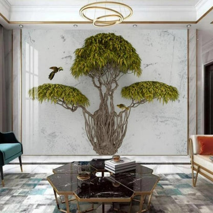 Large Tree Plants Bird Marble Wallpaper Wall Mural Home Decor
