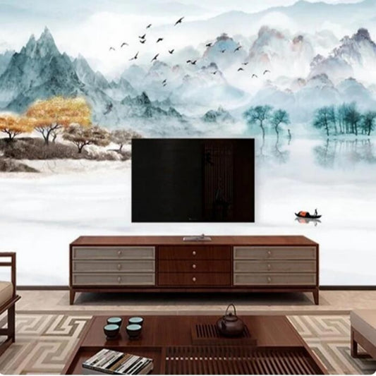 Ink Mountain Lake Nature Landscape Wallpaper Wall Mural Home Decor