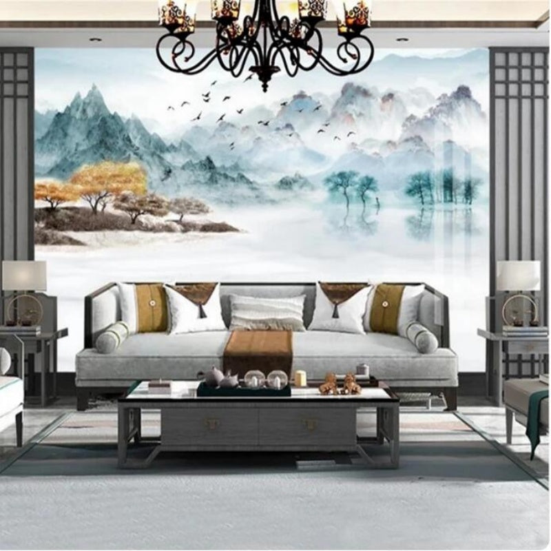 Ink Mountain Lake Nature Landscape Wallpaper Wall Mural Home Decor