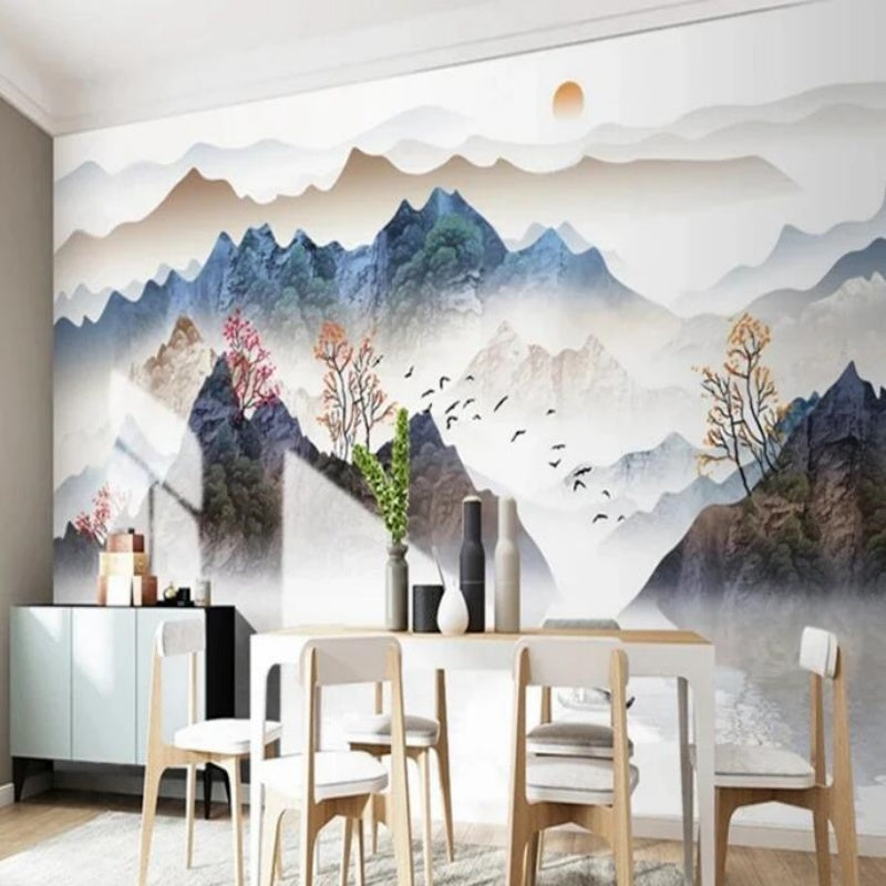 Ink Painting Nature Landscape Mountains Wallpaper Wall Mural Home Decor