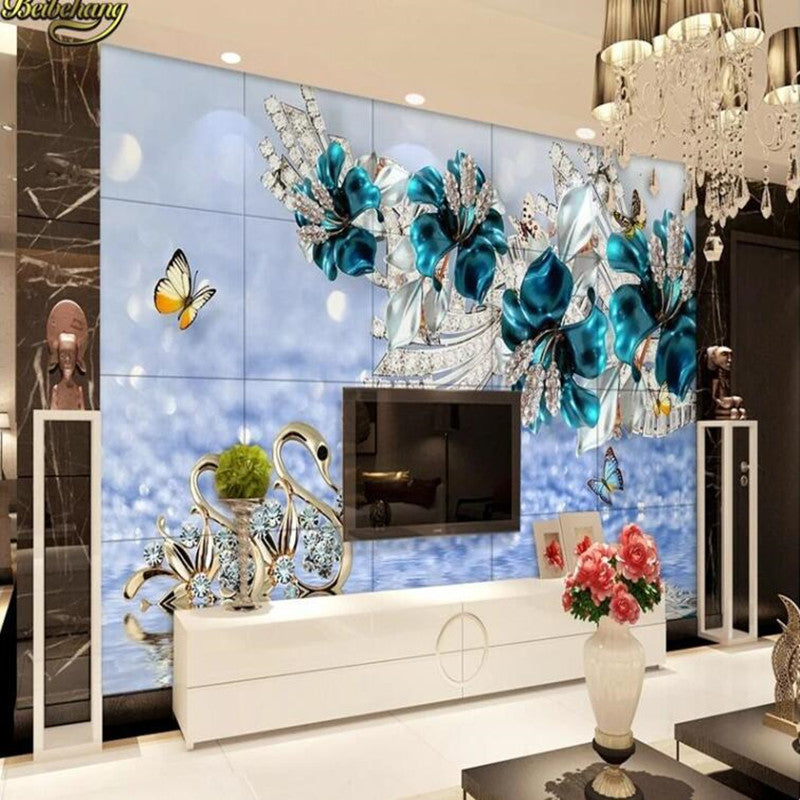 3D Luxury Swan Blue Flowers Jewelry Floral Wallpaper Wall Mural