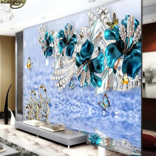 3D Luxury Swan Blue Flowers Jewelry Floral Wallpaper Wall Mural