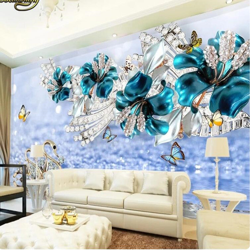 3D Luxury Swan Blue Flowers Jewelry Floral Wallpaper Wall Mural