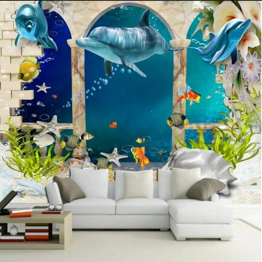 Cartoon Underwater World Ocean Dolphins Brick Nursery Wallpaper Wall Mural Home Decor