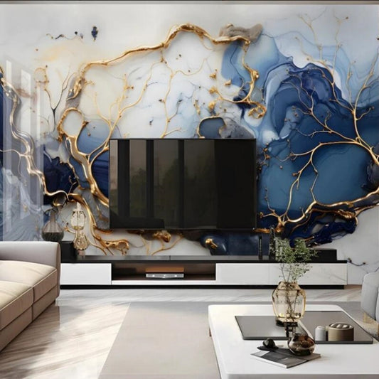 Modern Mable Golden Blue Wallpaper Wall Mural Home Decor