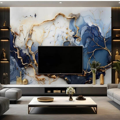 Modern Mable Golden Blue Wallpaper Wall Mural Home Decor