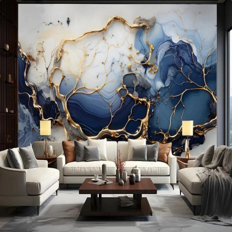 Modern Mable Golden Blue Wallpaper Wall Mural Home Decor