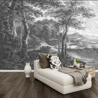 Retro Black And White Forest Trees Wallpaper Wall Mural