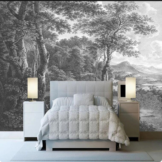 Retro Black And White Forest Trees Wallpaper Wall Mural