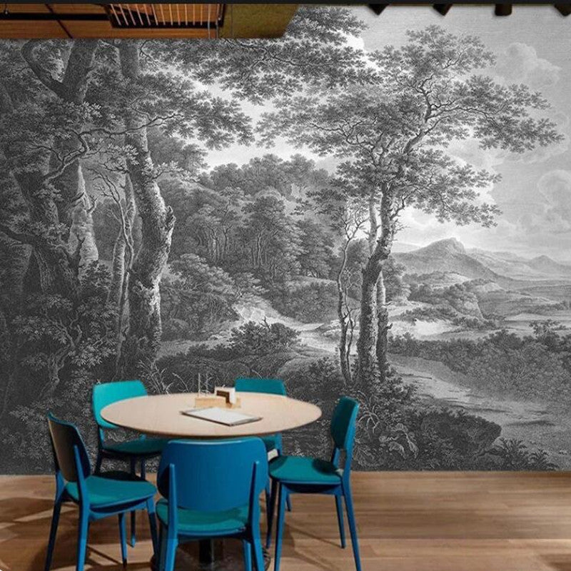 Retro Black And White Forest Trees Wallpaper Wall Mural