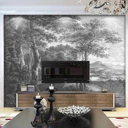 Retro Black And White Forest Trees Wallpaper Wall Mural