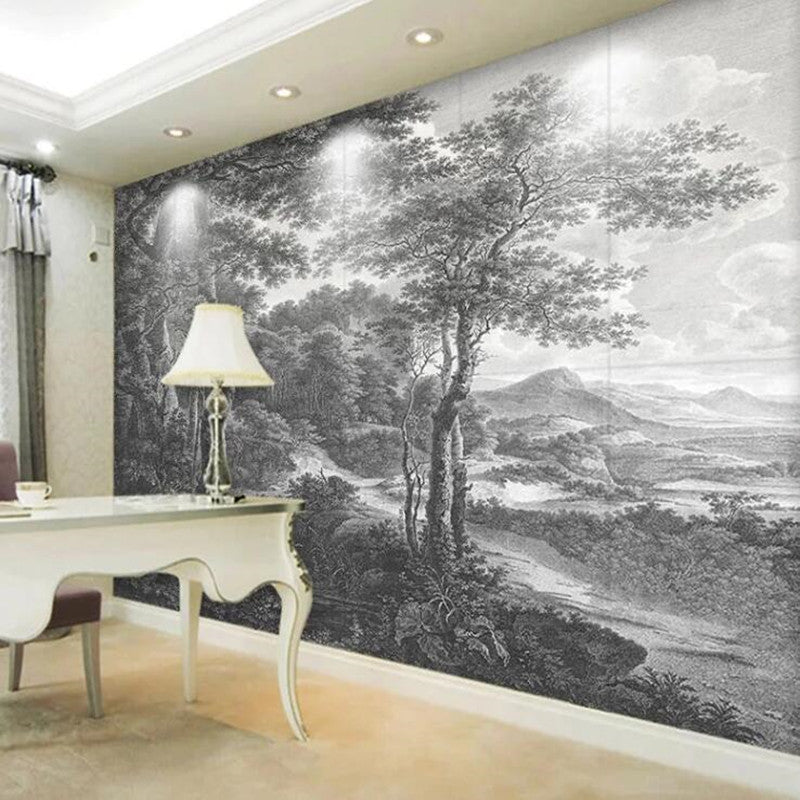 Retro Black And White Forest Trees Wallpaper Wall Mural