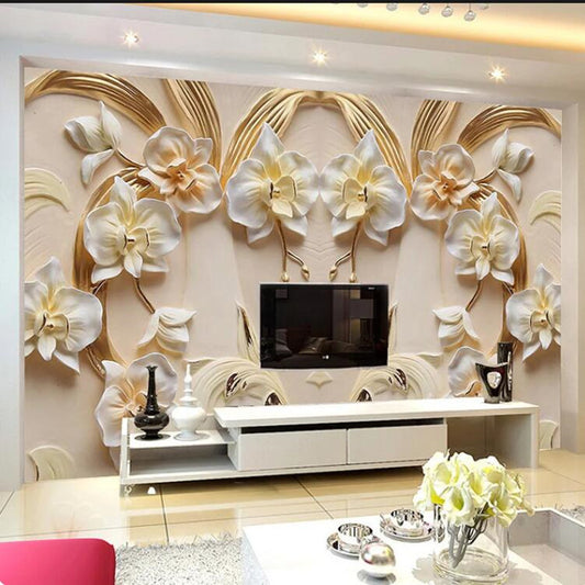 3D Relief Butterfly Orchid Flowers Wallpaper Wall Mural