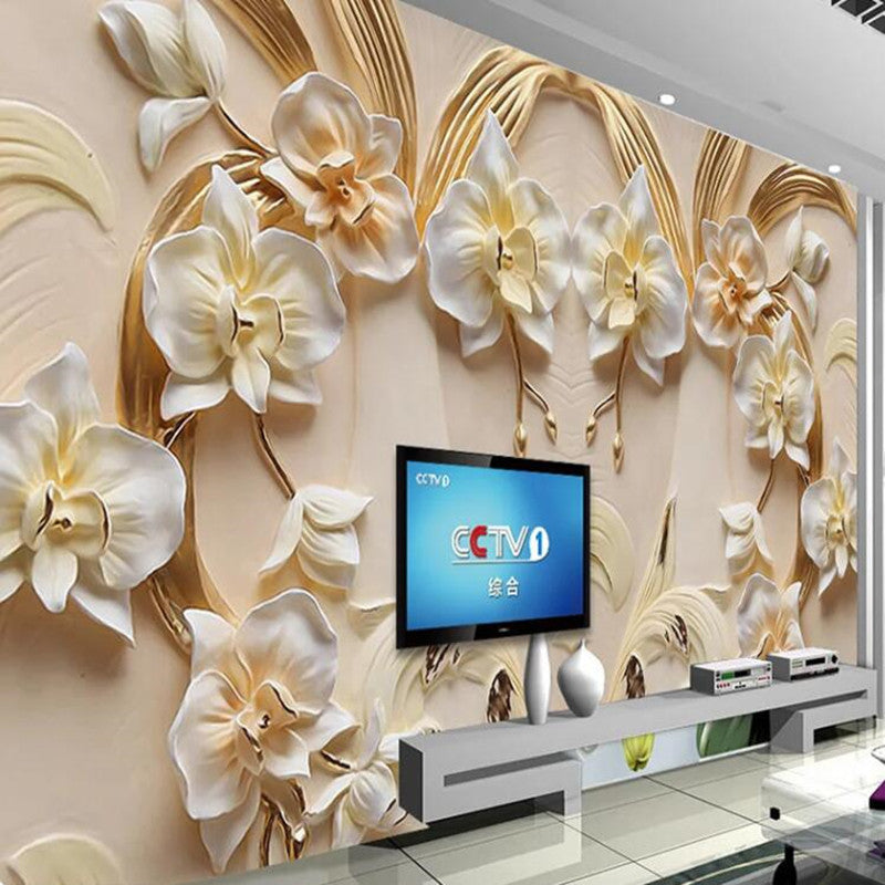 3D Relief Butterfly Orchid Flowers Wallpaper Wall Mural