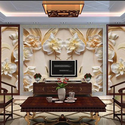 3D Relief Butterfly Orchid Flowers Wallpaper Wall Mural