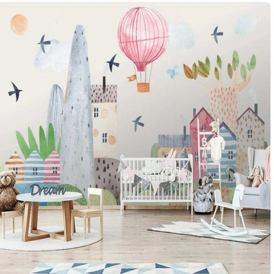 Cartoon Watercolor Hot Air Balloon House Bird Children's Room Nursery Wallpaper Wall Mural Home Decor